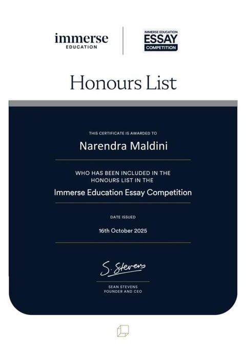 Immerse Education Essay Competition - Honours List award